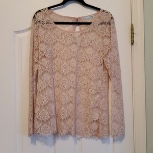NWOT sheer nude pink lace long sleeve top size L.